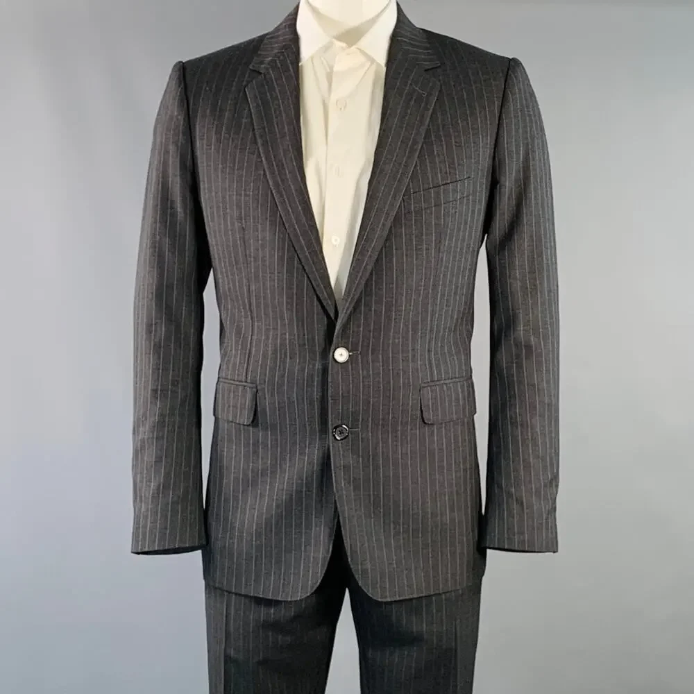 CELINE Size 44 Regular Grey Charcoal Stripe Wool Polyester Suit